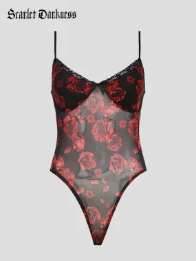 Scarlet Darkness Bodysuit Stretch Rose Mesh Camisole