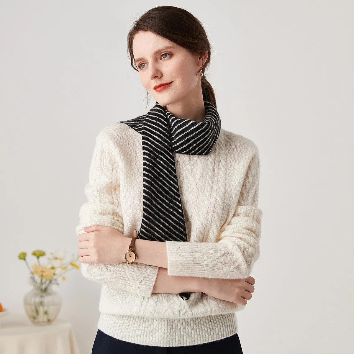 100% Cashmere Striped Knit Scarves