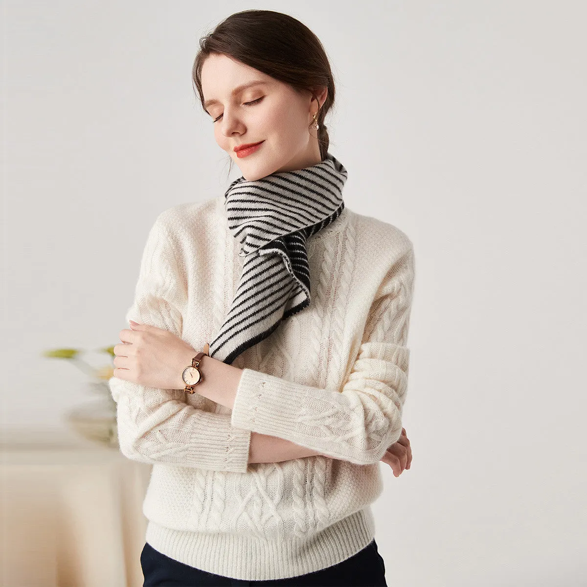 100% Cashmere Striped Knit Scarves