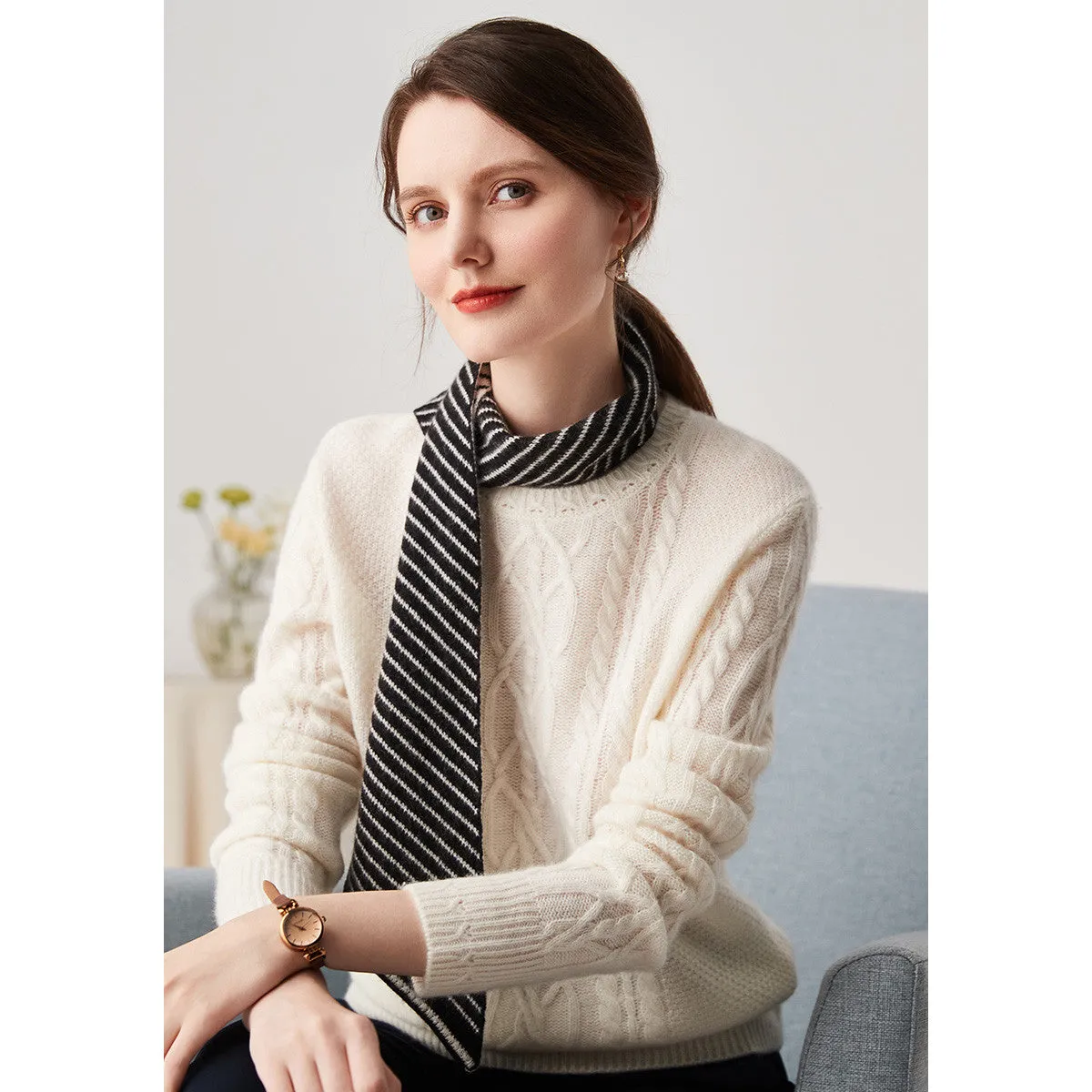 100% Cashmere Striped Knit Scarves