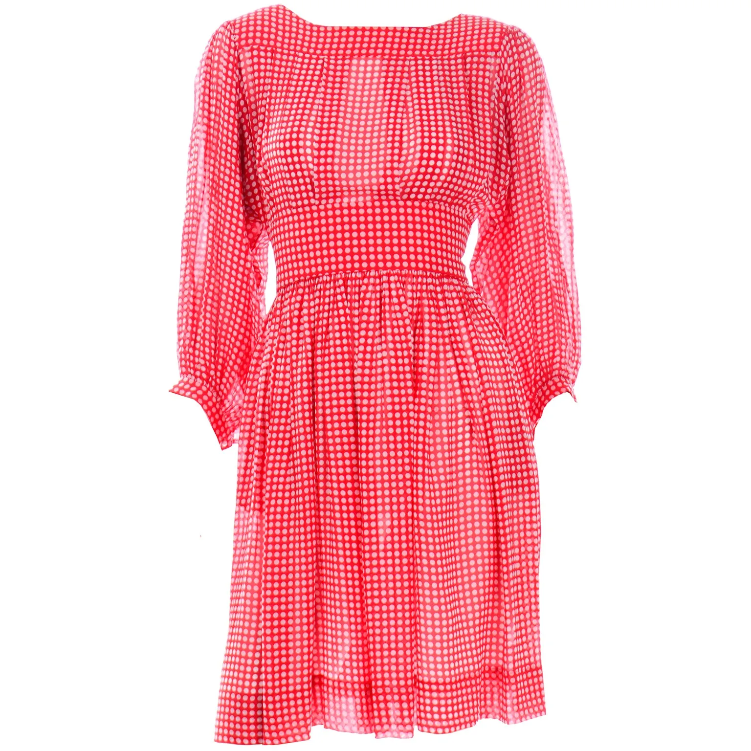 1970s Albert Nipon Red & White Polka Dot Tissue Silk Dress