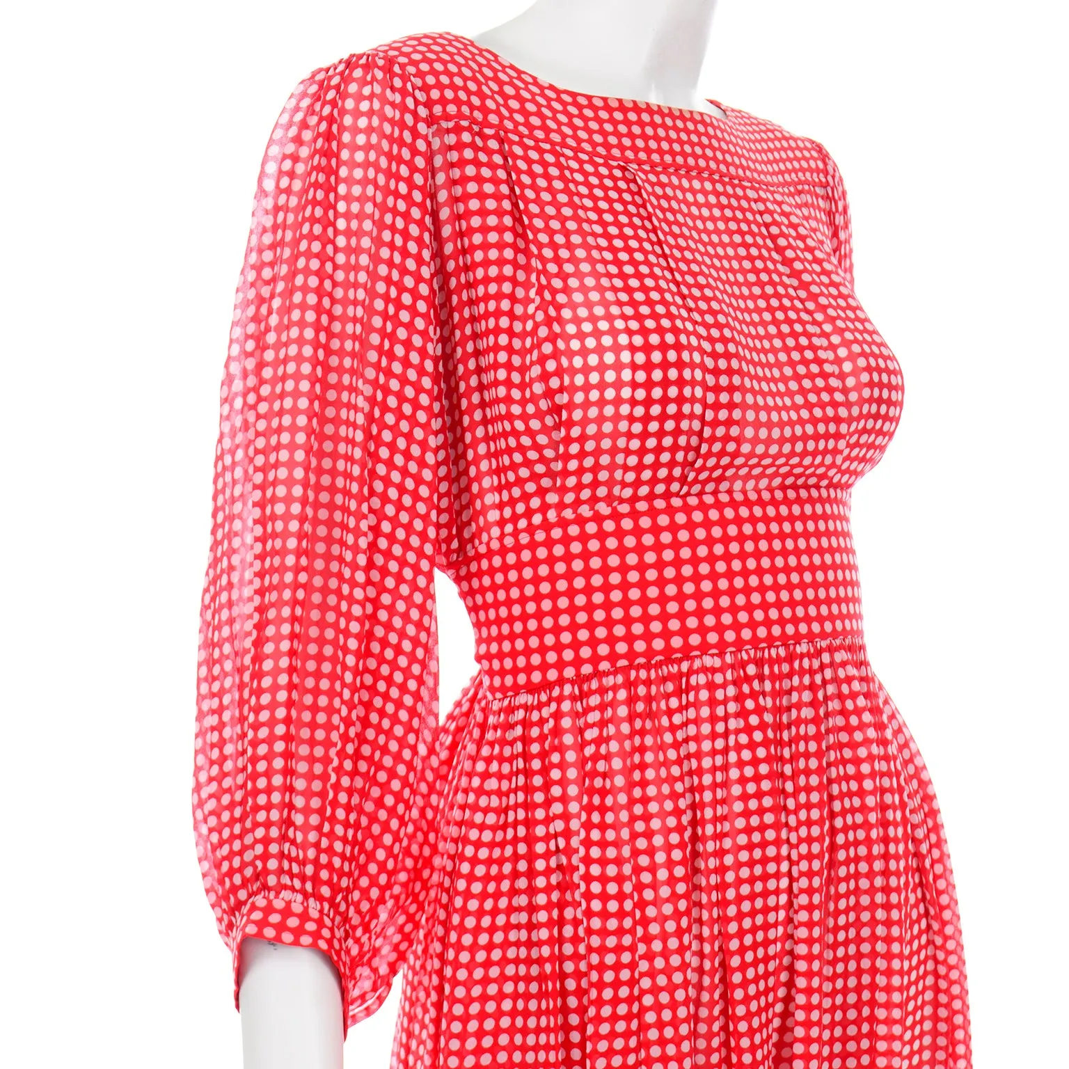 1970s Albert Nipon Red & White Polka Dot Tissue Silk Dress