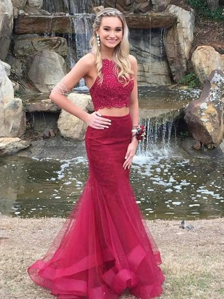 2 Pieces Mermaid Lace Burgundy Long Prom, Burgundy 2 Pieces Lace Formal Evening, Mermaid Burgundy Graduation