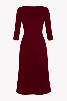 3/4 Sleeve BCI Cotton Boatneck Mid-calf Flared Dress -- Wine Red