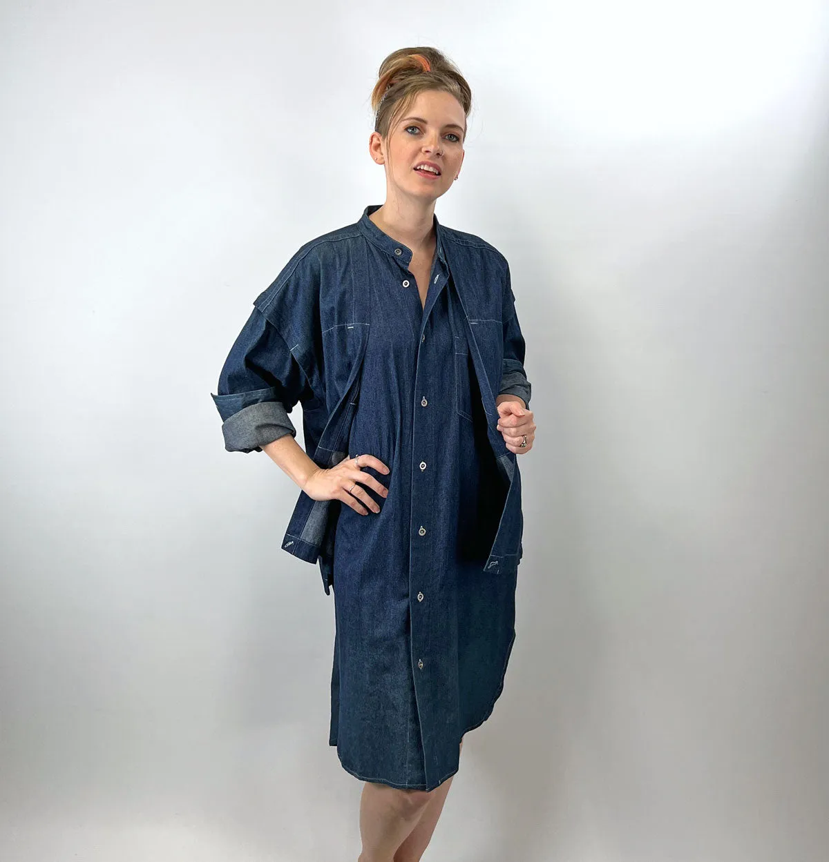 80s 90s Indigo Denim Coat Dress Issey Miyake Plantation OSFM VFG