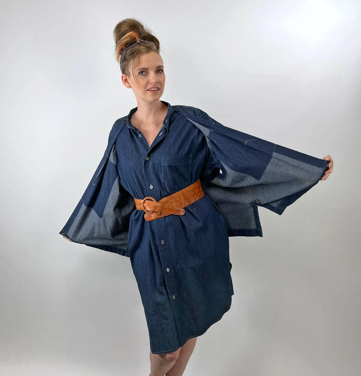 80s 90s Indigo Denim Coat Dress Issey Miyake Plantation OSFM VFG