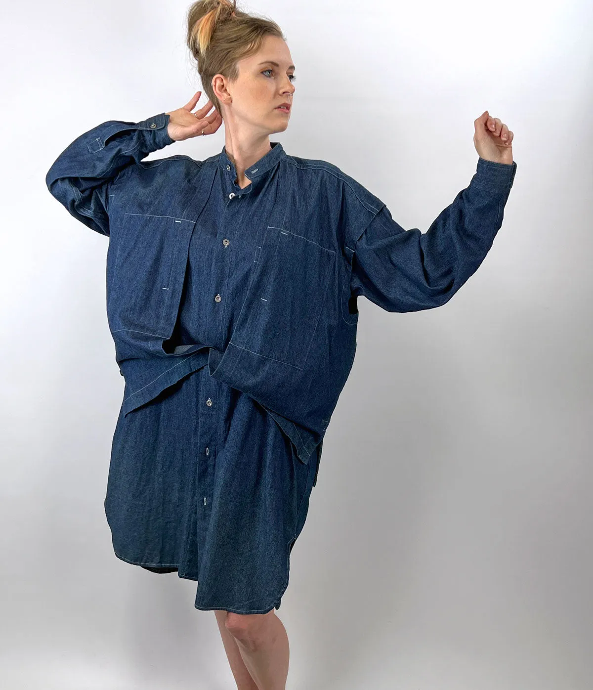 80s 90s Indigo Denim Coat Dress Issey Miyake Plantation OSFM VFG