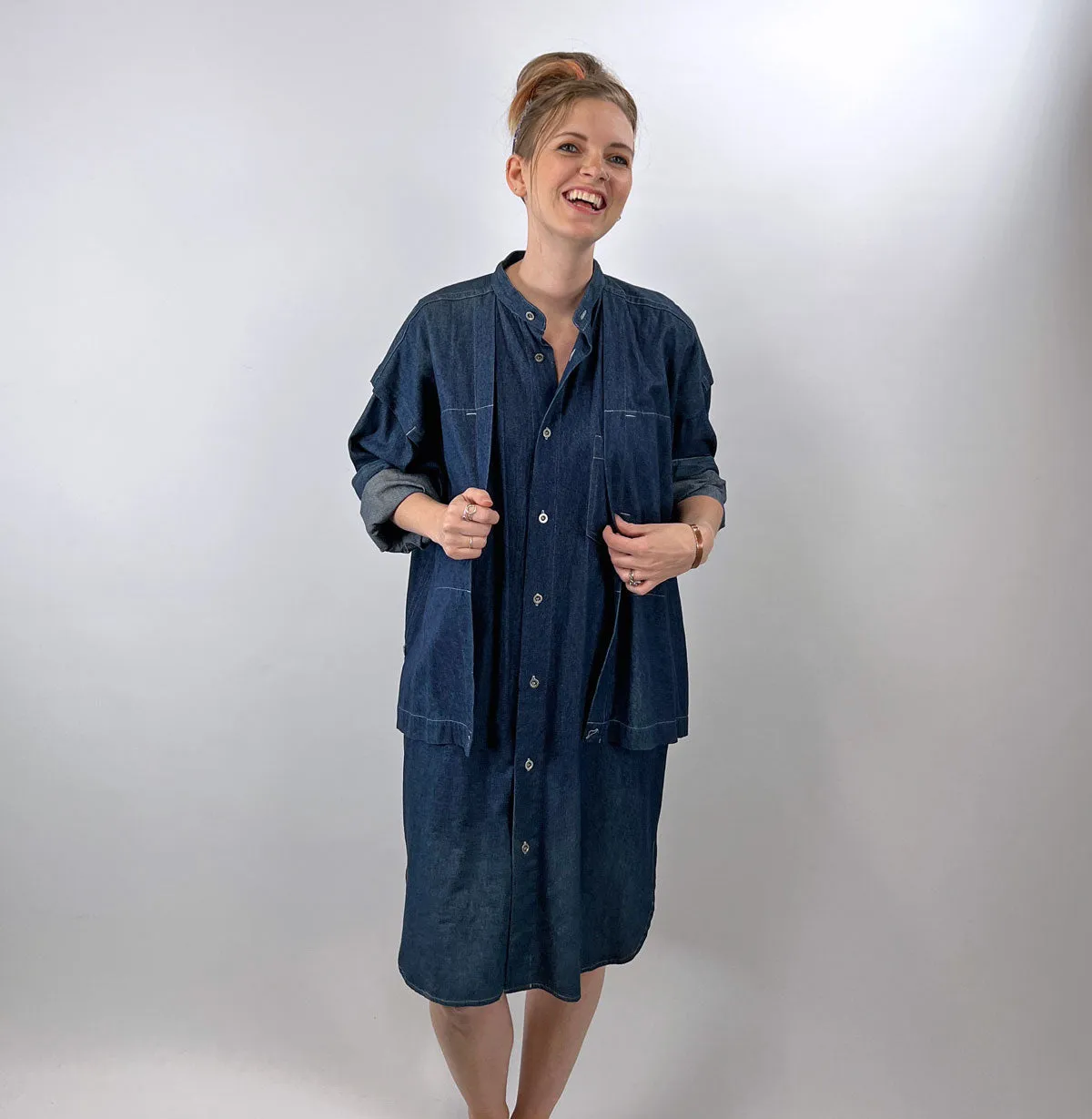 80s 90s Indigo Denim Coat Dress Issey Miyake Plantation OSFM VFG