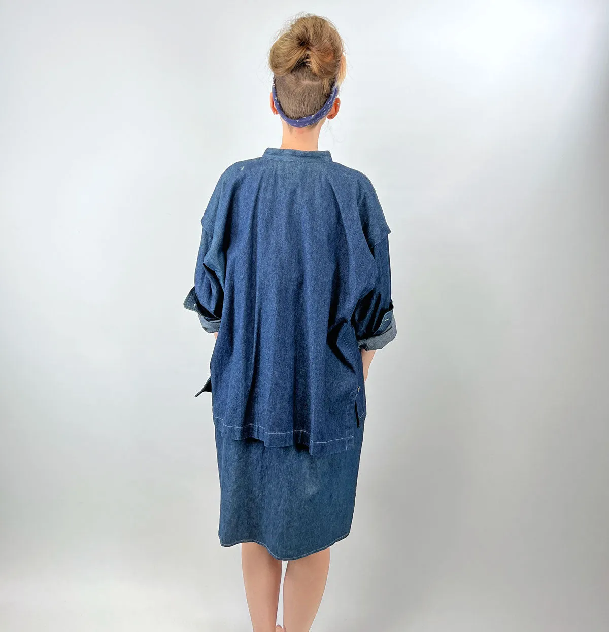 80s 90s Indigo Denim Coat Dress Issey Miyake Plantation OSFM VFG