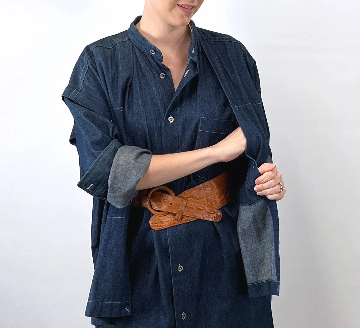 80s 90s Indigo Denim Coat Dress Issey Miyake Plantation OSFM VFG