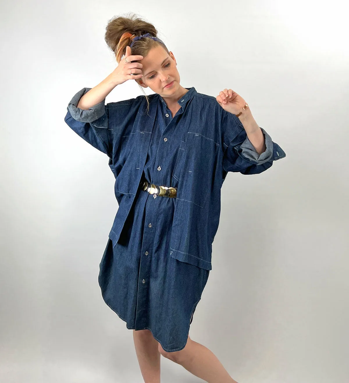 80s 90s Indigo Denim Coat Dress Issey Miyake Plantation OSFM VFG