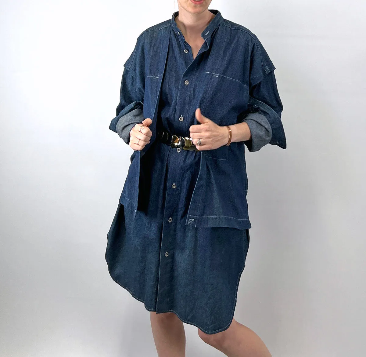 80s 90s Indigo Denim Coat Dress Issey Miyake Plantation OSFM VFG