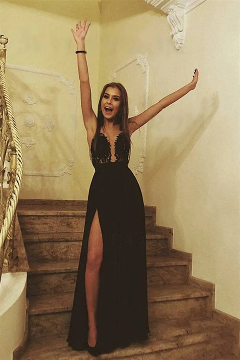 A Line V Neck Black Lace Long Prom with Leg Slit, Black Lace Formal Evening