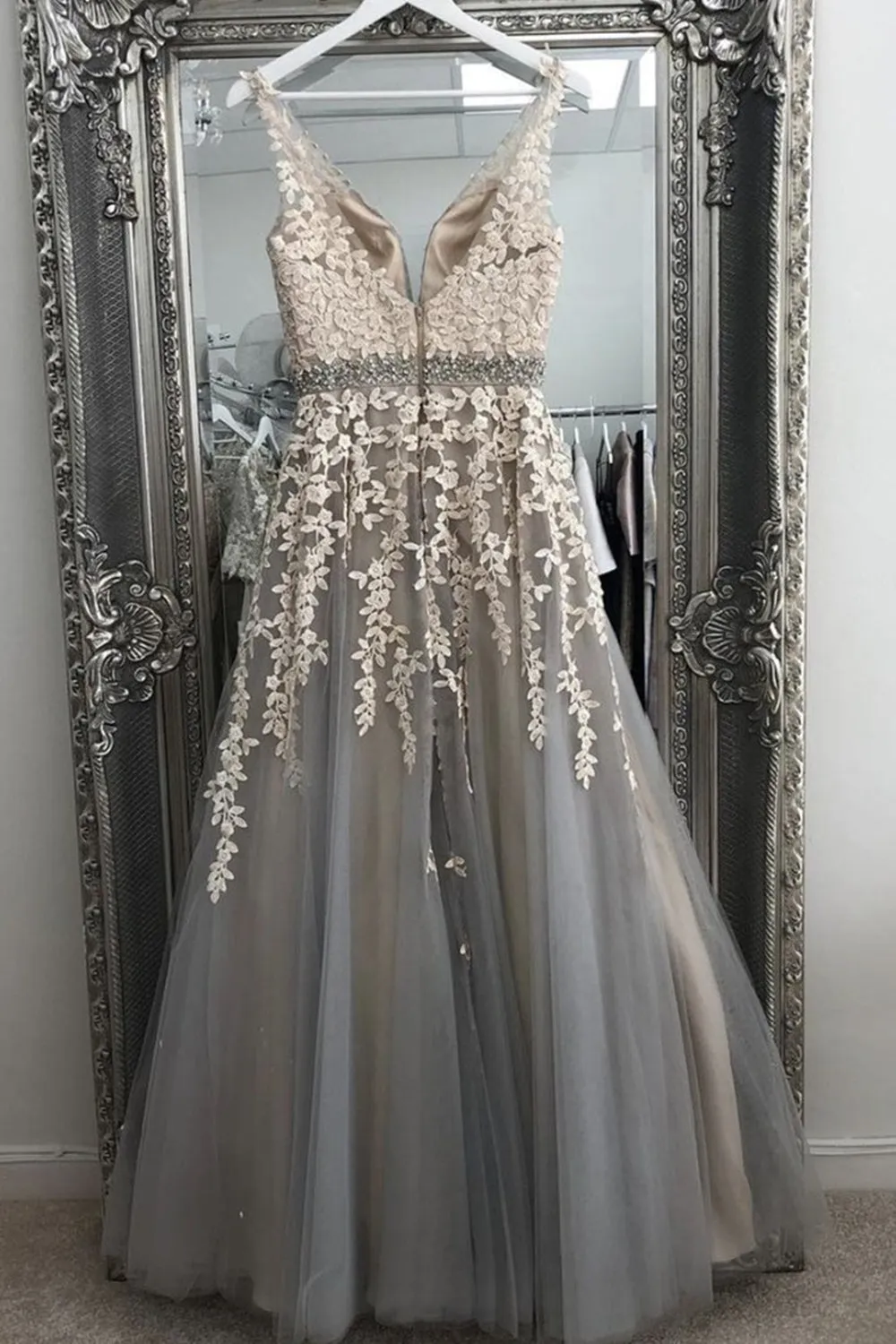 A Line V Neck Gray Lace Long Prom Dress with Belt, Gray Lace Floral Formal Dress, Gray Lace Evening Dress A1290