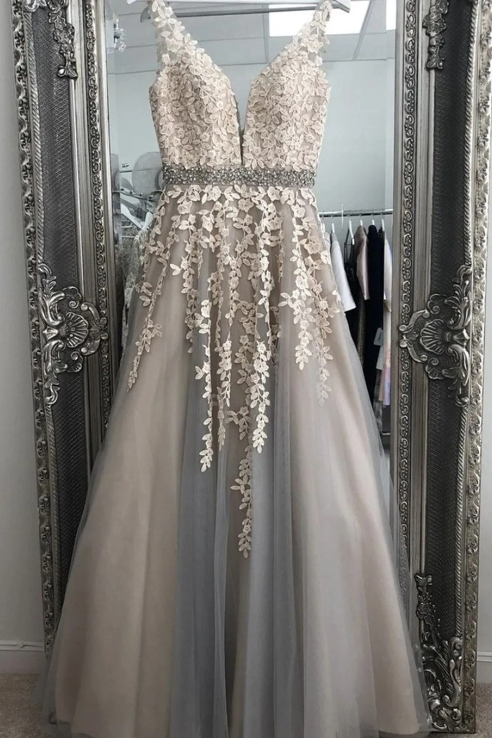 A Line V Neck Gray Lace Long Prom Dress with Belt, Gray Lace Floral Formal Dress, Gray Lace Evening Dress A1290