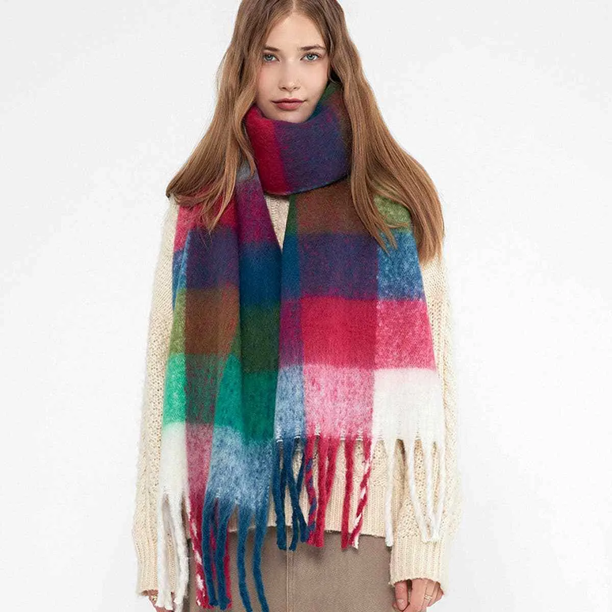 Accity | RAINBOW PLAID MOHAIR FRINGED WARM SCARF: MULTICOLOR