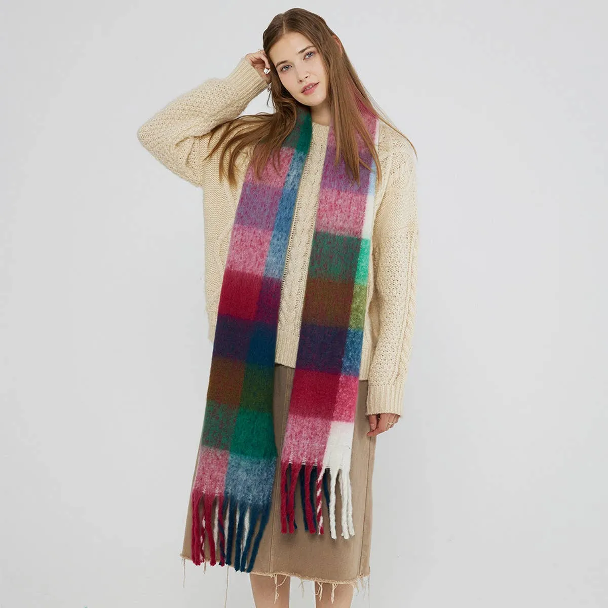 Accity | RAINBOW PLAID MOHAIR FRINGED WARM SCARF: MULTICOLOR