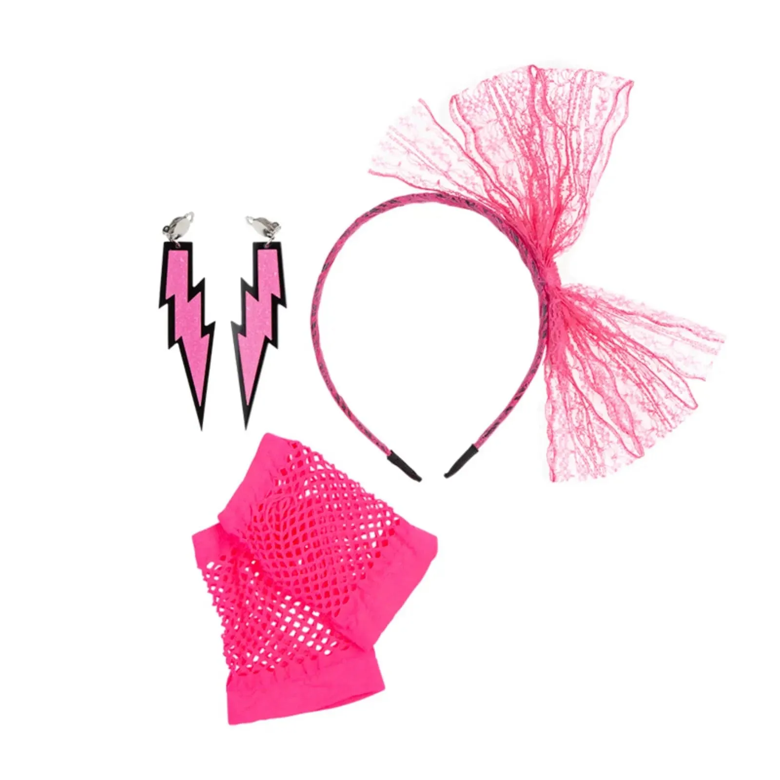 Adults 3 Piece 80s Accessory Set Neon Pink Bow Gloves Earrings