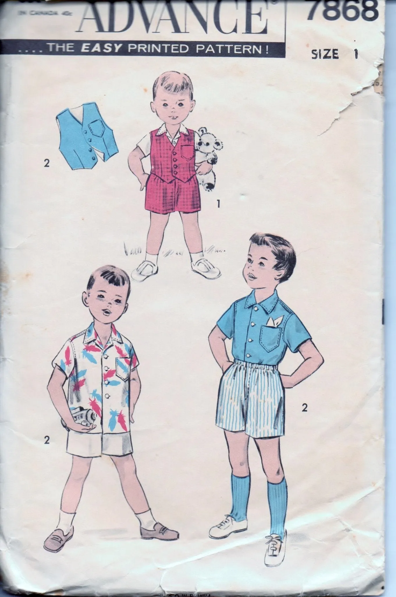 Advance 7868 Toddler Boys Boxer Shorts Vest Shirt Vintage 1950's Sewing Pattern