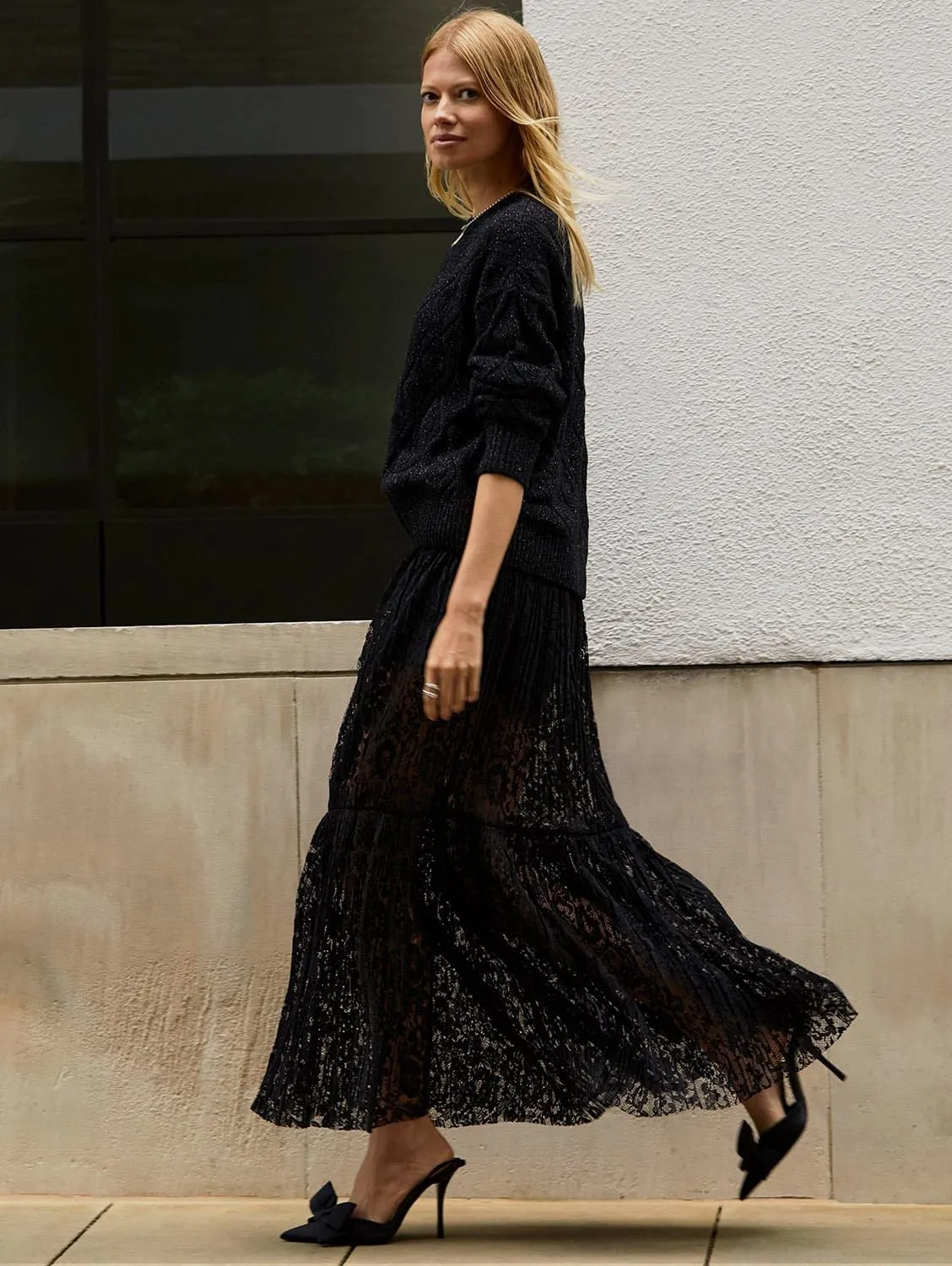 Alice Recycled Lace Midi Skirt | Caviar Black