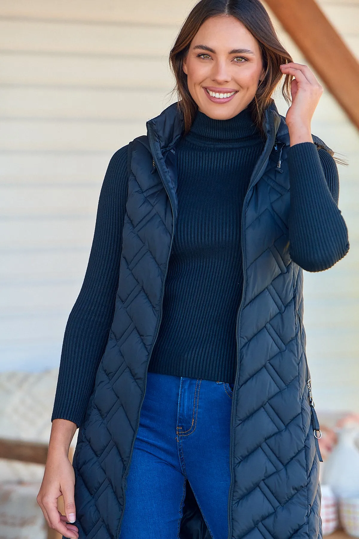 Aspen Sleeveless Black Long Puffer Vest