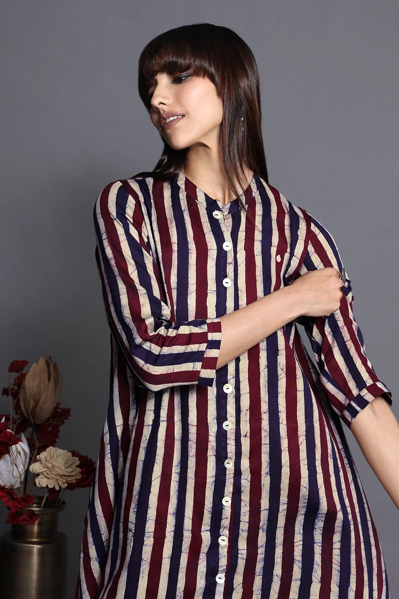 asymmetrical hemline button down tunic - mauve mirage & chic stripes