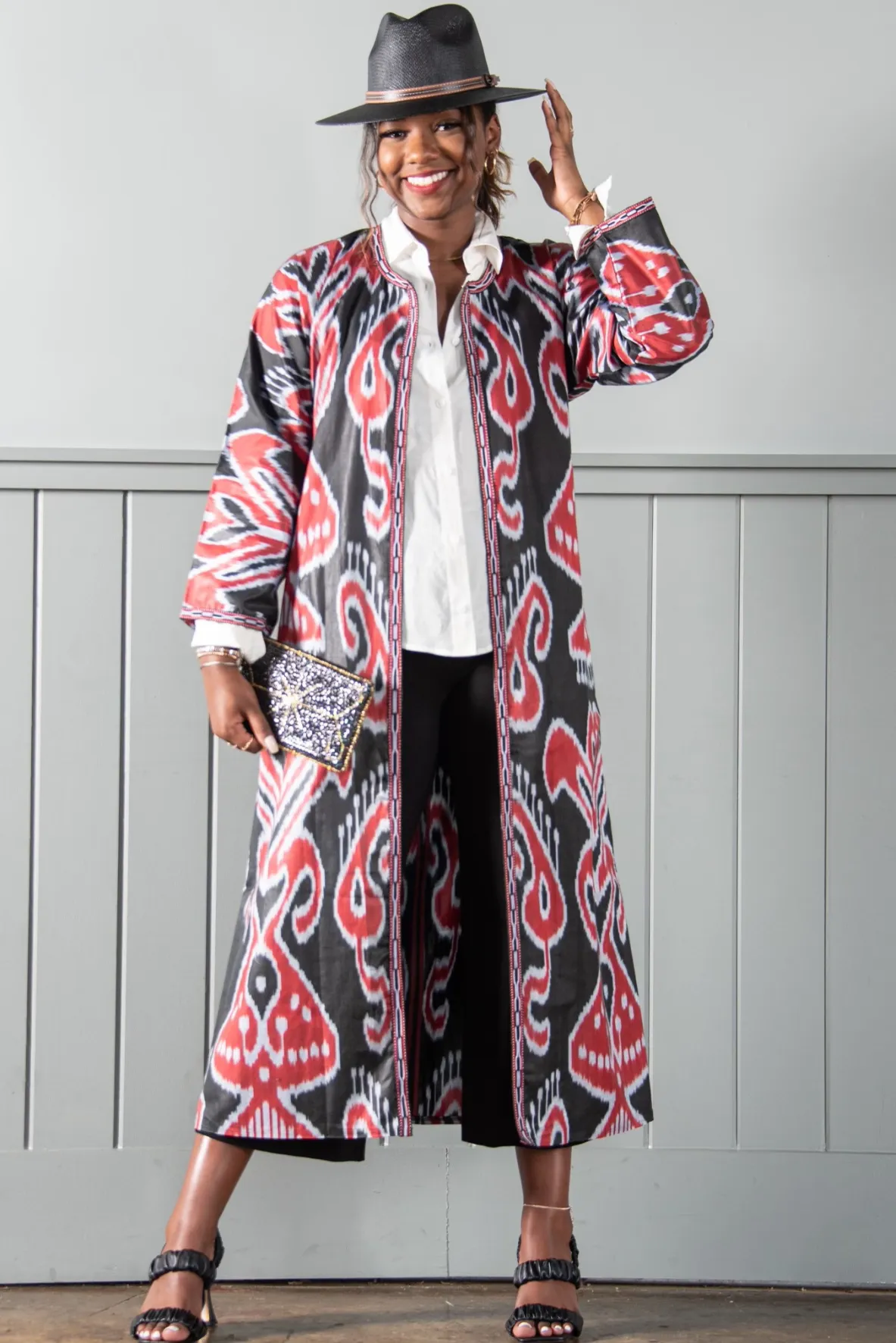 Athens Silk Ikat Coat - Black, Red