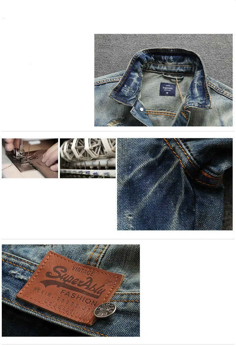 Autumn Retro Distressed Men's Denim Jacket Foreign Trade Jacket Slim Ripped Denim Jacket