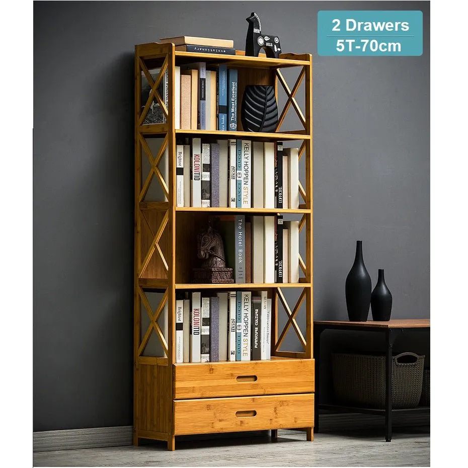 Bamboo Bookshelf Storage Rack Shelf Stand Bookcase Holder Display Drawers