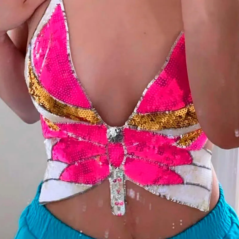 benpaolv Sequin Butterfly Aesthetic Crop Top