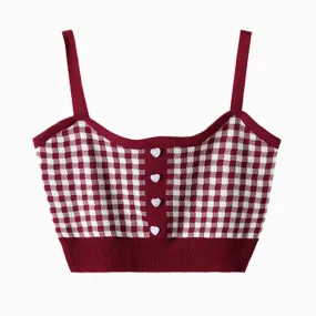 benpaolv Short Knitted Plaid Crop Top Heart Buttons