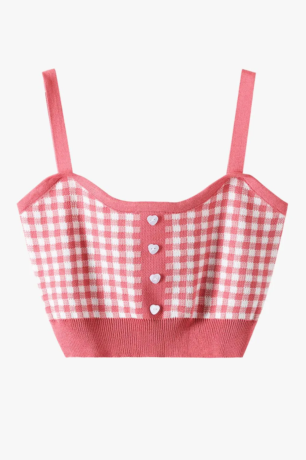 benpaolv Short Knitted Plaid Crop Top Heart Buttons