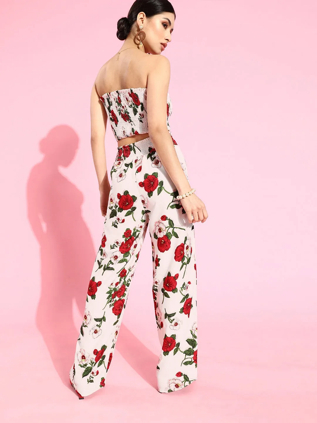 Berrylush Women White & Red Floral Shirred Crop Top & Crinkle Pants Dress Set