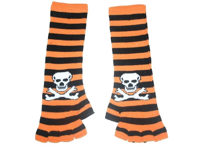 Black and Orange Skull Arm Length Fingerless Gloves