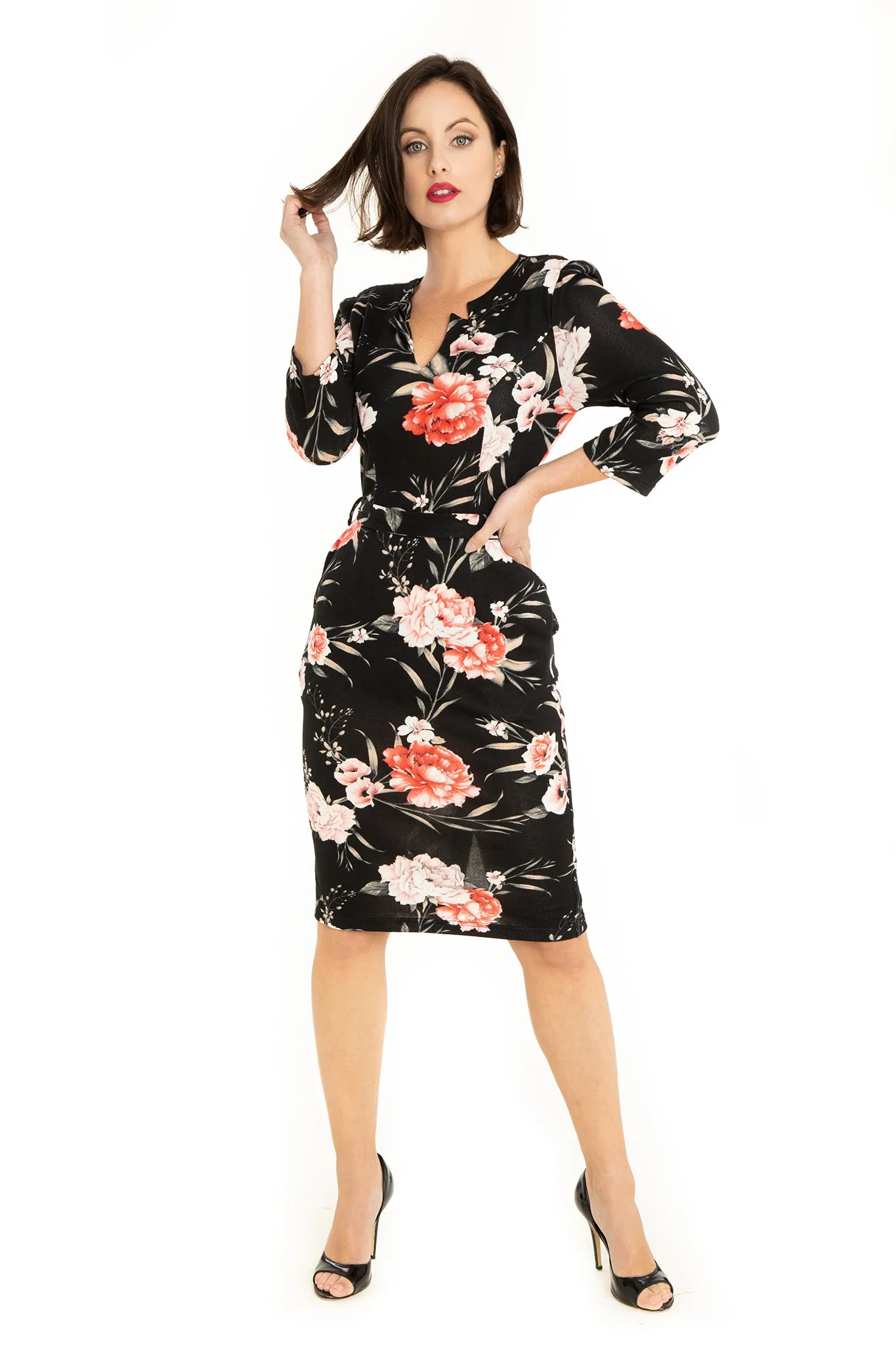 Black Chrysanthemum Pattern Knit Pencil Dress