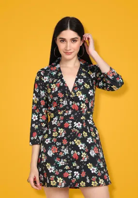 Black Collared Floral Short Dress- Women