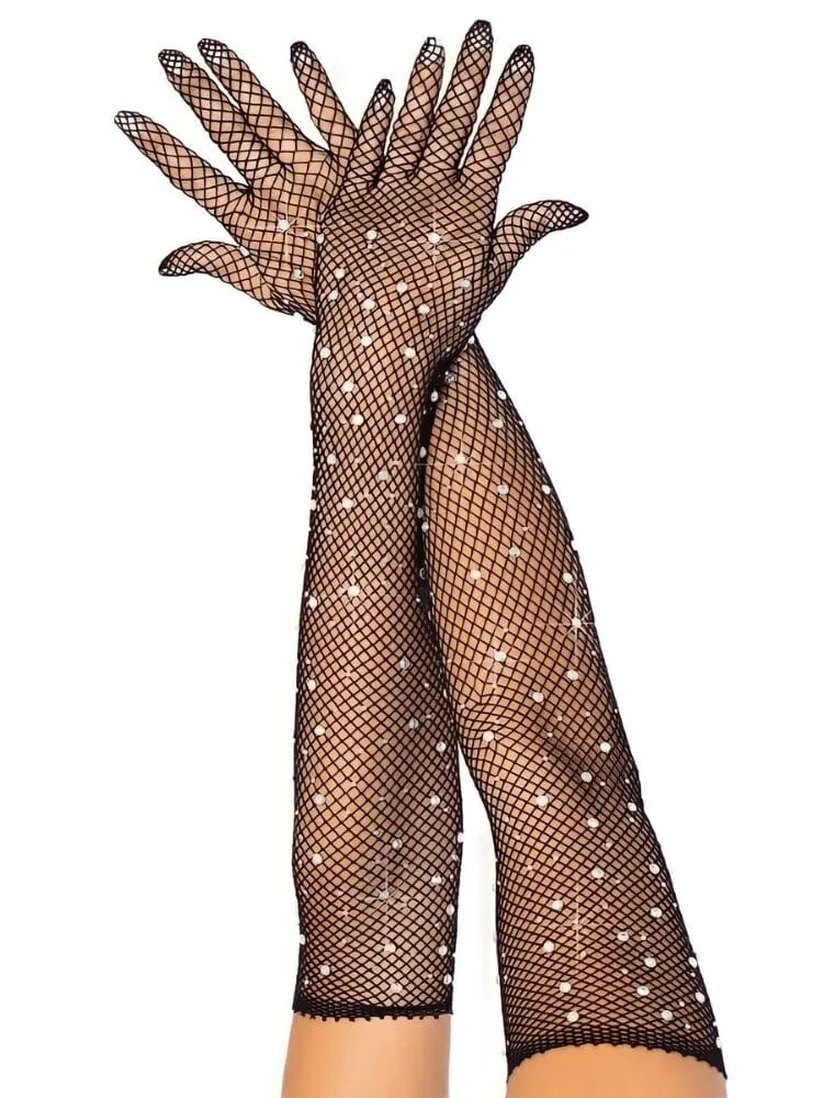 Black Fishnet Rhinestone Gloves