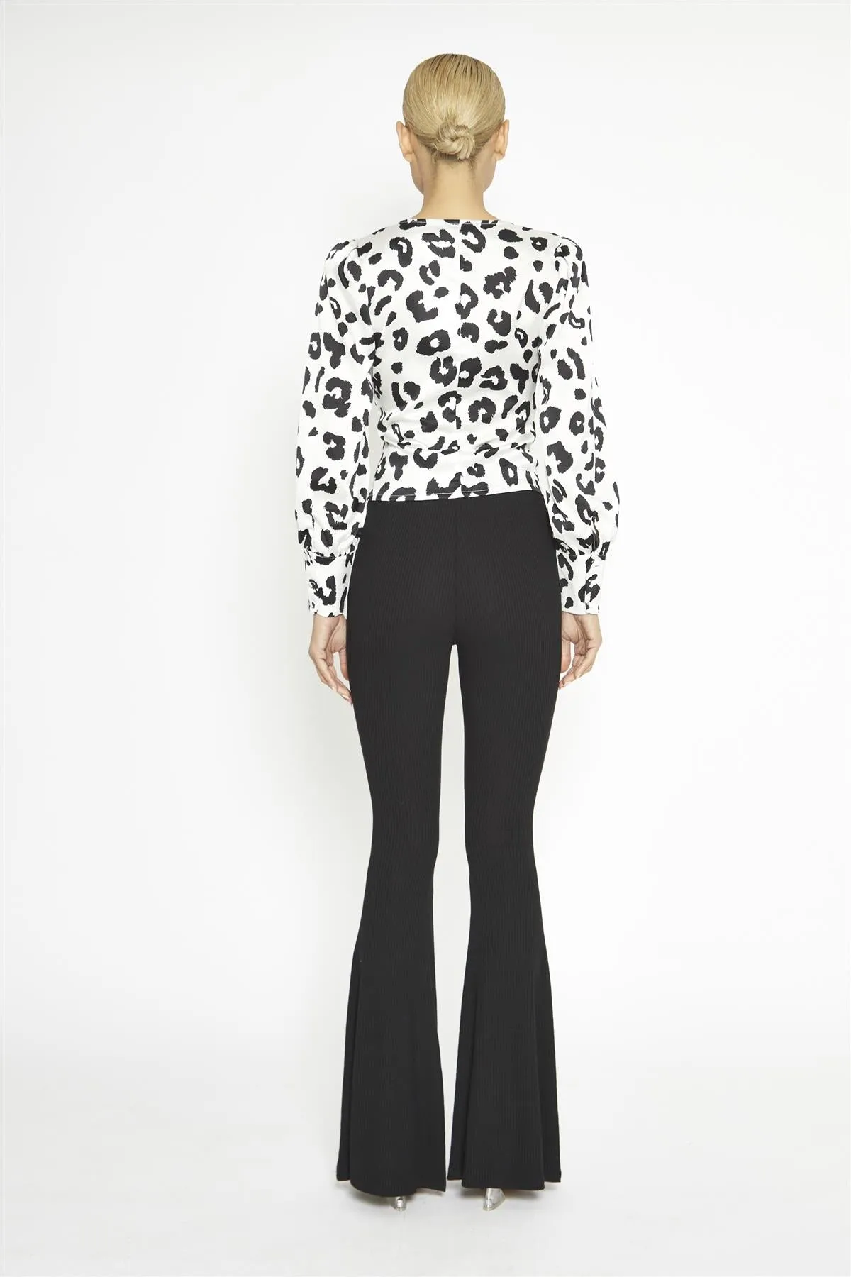 Black-Rib High-Waisted Flared-Trousers