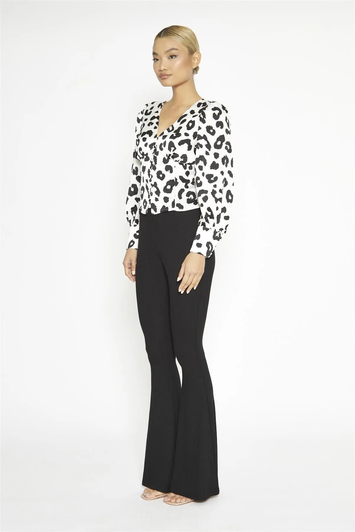 Black-Rib High-Waisted Flared-Trousers