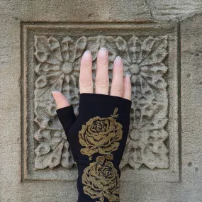 Black rose print merino fingerless gloves