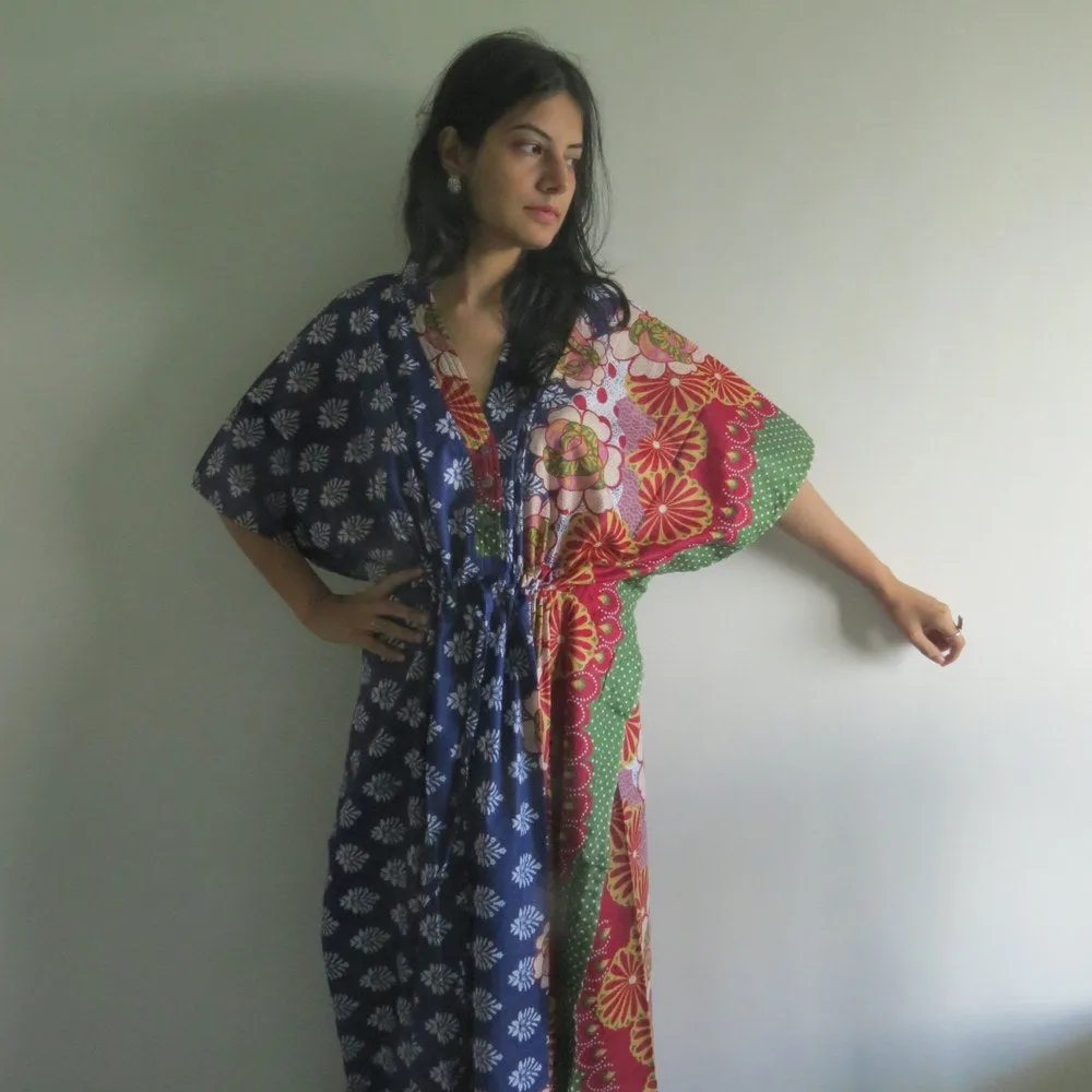 Blue Floral Bordered V-Neck Button Down to Waist, Ankle Length, Cinched Waist Caftan