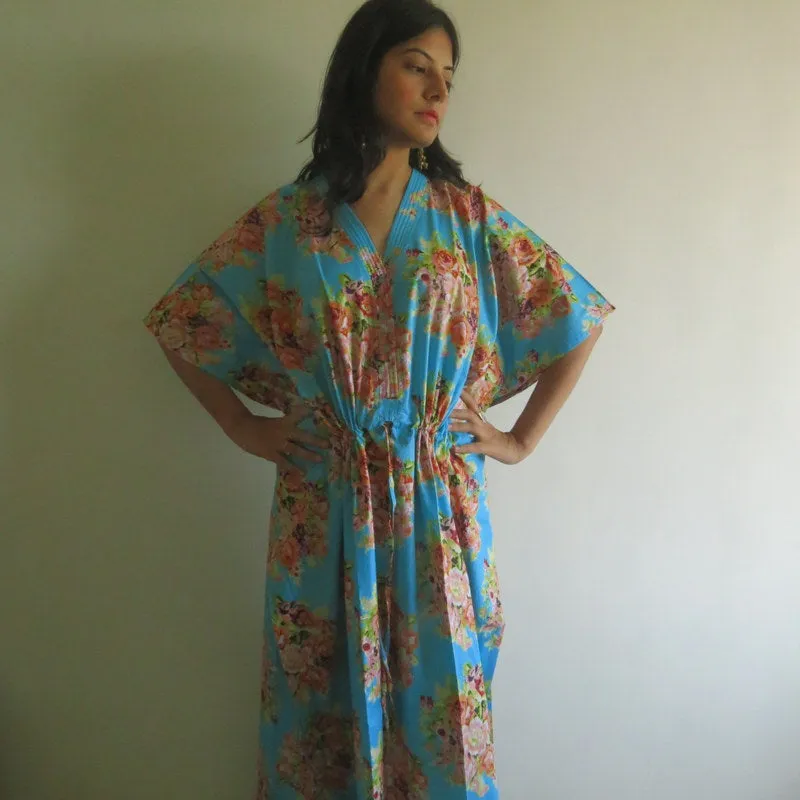 Blue Floral Posy V-Neck Button Down to Waist, Ankle Length, Cinched Waist Caftan