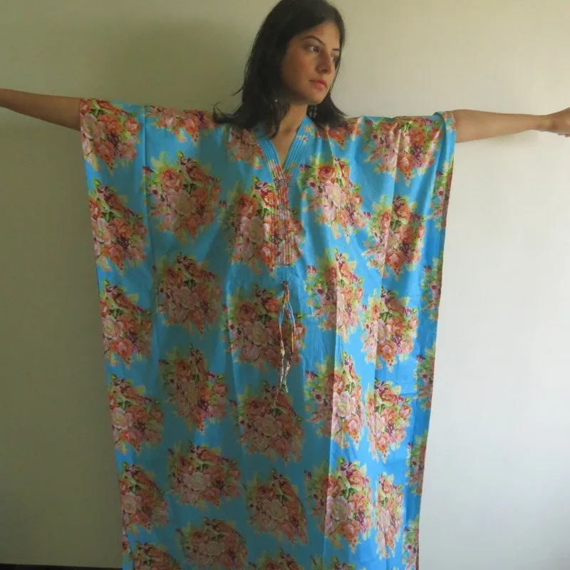 Blue Floral Posy V-Neck Button Down to Waist, Ankle Length, Cinched Waist Caftan