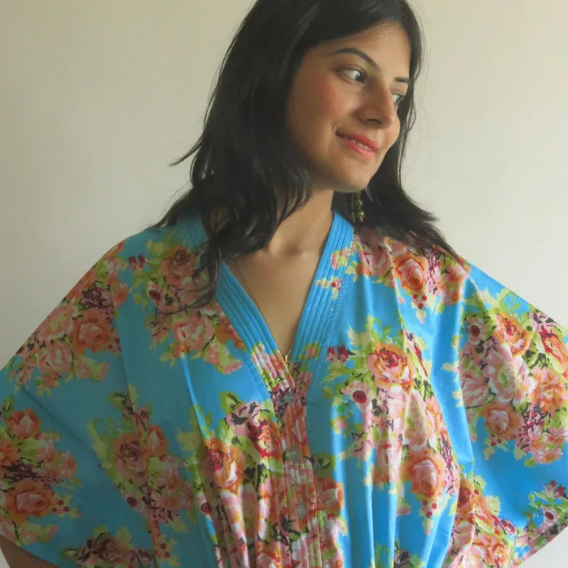 Blue Floral Posy V-Neck Button Down to Waist, Ankle Length, Cinched Waist Caftan