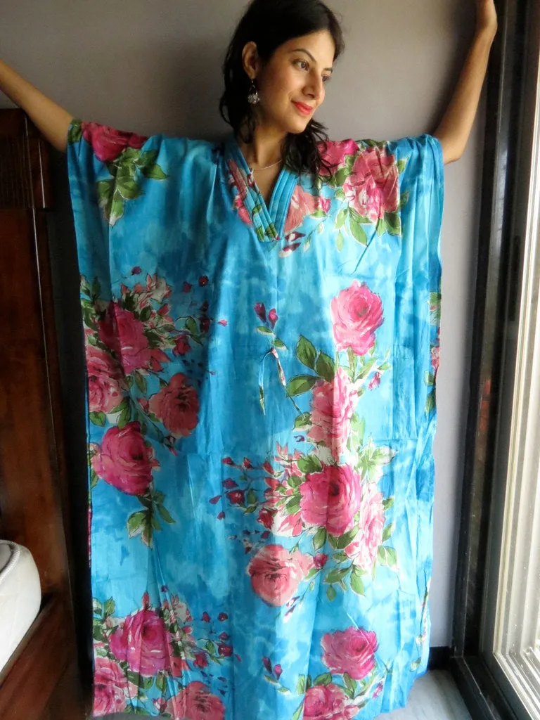 Blue Fuchsia Large Floral Blossom V-Neck, Ankle Length, Cinched Waist Caftan