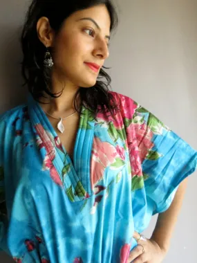 Blue Fuchsia Large Floral Blossom V-Neck, Ankle Length, Cinched Waist Caftan