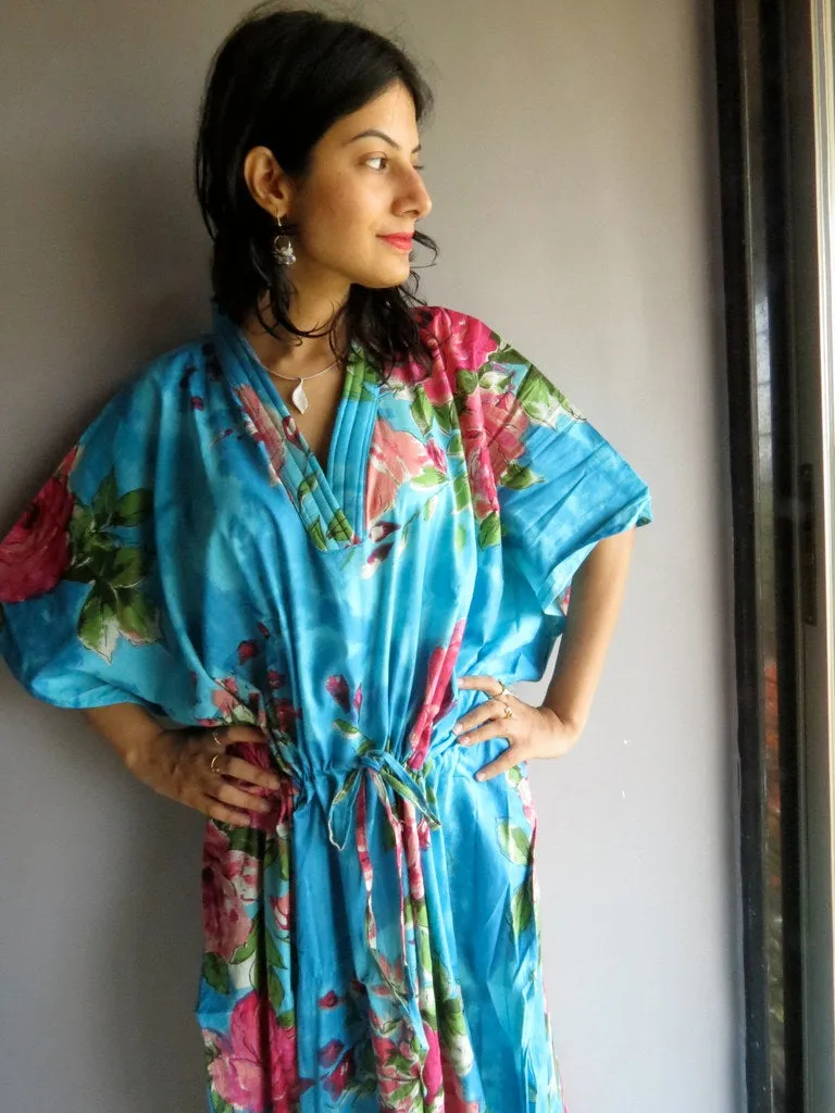 Blue Fuchsia Large Floral Blossom V-Neck, Ankle Length, Cinched Waist Caftan