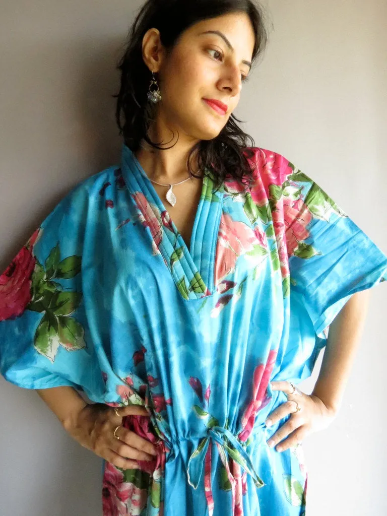 Blue Fuchsia Large Floral Blossom V-Neck, Ankle Length, Cinched Waist Caftan