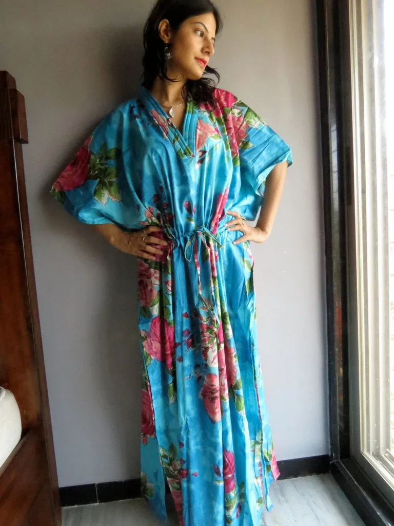 Blue Fuchsia Large Floral Blossom V-Neck, Ankle Length, Cinched Waist Caftan