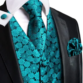 Blue Green Floral Silk Men's Vest Hanky Cufflinks Tie Set Waistcoat Suit Set